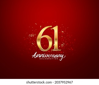 61. Jubiläumshintergrund mit 3D-Nummer-Illustration goldene Zahlen und Jubiläum-Feierungstext mit goldenem Konfetti auf rotem Hintergrund.