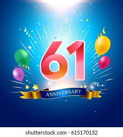 61st Anniversary with balloon, confetti, and blue background.