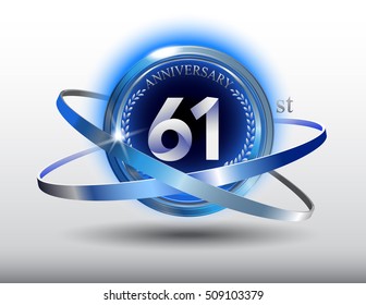 61st anniversary with blue ring and laurel on white background
