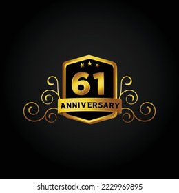 Antecedentes de la celebración del 61° aniversario. Ilustración vectorial, afiche de banner de saludo bonito y logotipo dorado con texto dorado y número de oro.