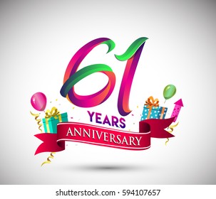 61st Anniversary Celebration Design, with gift box and balloons, Red ribbon, Colorful Vector template elements for your, sixty one years birthday celebration party.