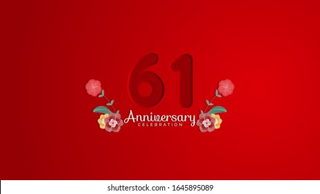 61st Anniversary celebration. Emboss number with Gradient red background and flowers decoration. Modern elegant simple background design vector EPS 10. Can be used for company or wedding.