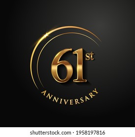 61st Anniversary Celebration. Anniversary logo with ring and elegance golden color isolated on black background, vector design for celebration, invitation card, and greeting card.