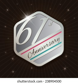 61st Anniversary - Classy and Modern silver emblem / Seal / Badge - vector illustration on  rays and stars background