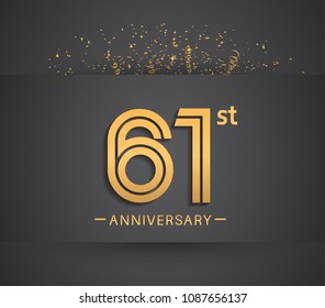 61st anniversary design for company celebration event with golden multiple line and confetti isolated on dark background 