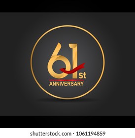 61st anniversary design golden color with ring and red ribbon isolated on black background for celebration