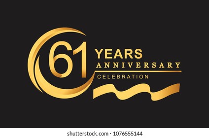 61st anniversary design logotype golden color with ring and gold ribbon for anniversary celebration