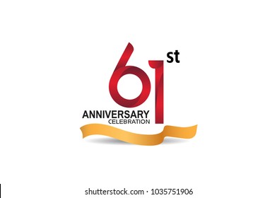 61st anniversary design logotype red color and golden ribbon for celebration isolated on white background