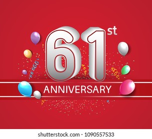 61st anniversary design red background with balloons and confetti for company celebration event 