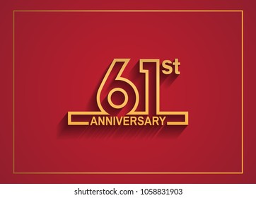 61st anniversary design with simple line style golden color isolated on red background for celebration event