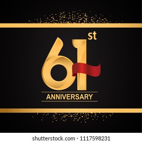 61st anniversary golden design with red ribbon and glitter isolated on black background for celebration