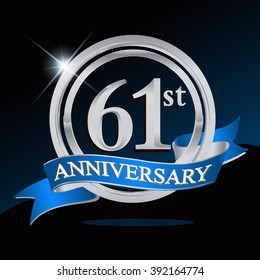 61st anniversary logo with blue ribbon and silver ring, vector template for birthday celebration.