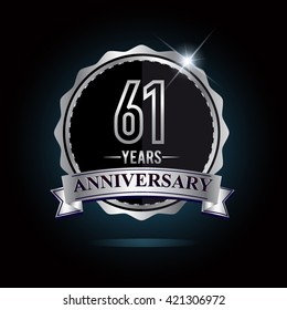 61st anniversary logo with ribbon and silver shiny badge, vector design for birthday celebration