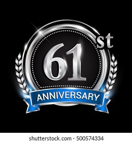 61st anniversary logo with silver ring combination blue ribbon. Vector template for birthday celebration, party, wedding, invitation and greeting card