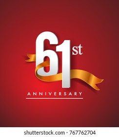 61st anniversary logotype with golden ribbon isolated on red elegance background, vector design for birthday celebration, greeting card and invitation card.