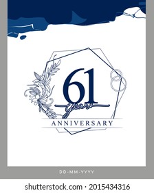 61. Jubiläumslogotype mit handgezeichnet blauer Hintergrundfarbe für Feierlichkeiten, Hochzeit, Grußkarte und Einladung.