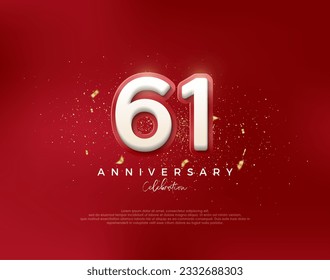 61st anniversary number. with 3d white numbers on a red background. Premium vector for poster, banner, celebration greeting.