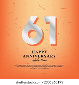 plantilla vectorial de 61 años con un número blanco y un confetti esparcidos en un fondo naranja