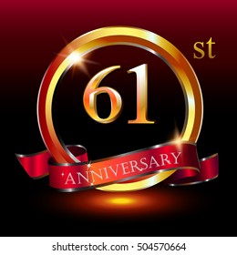 61st golden anniversary logo, 61 years anniversary celebration with ring and ribbon.