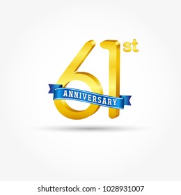 61st golden Anniversary logo with blue ribbon isolated on white background. 3d gold 61st Anniversary logo