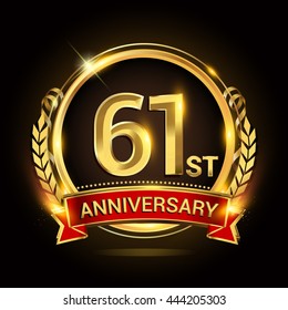 61st golden anniversary logo, with shiny ring and red ribbon, laurel wreath isolated on black background, vector design