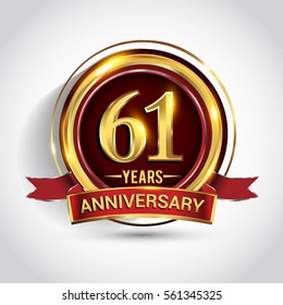 61st golden anniversary logo, sixty one years birthday celebration with ring and red ribbon isolated on white background