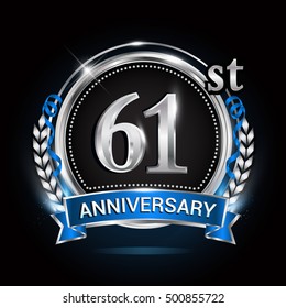 61st silver anniversary logo with laurel wreath, blue ribbon and ring. vector design