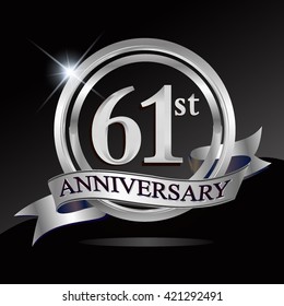 61st silver anniversary logo with ring and ribbon. Vector design template elements for your birthday celebration.