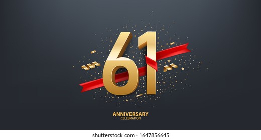 61st Year anniversary celebration background. 3D Golden number wrapped with red ribbon and confetti on black background.
