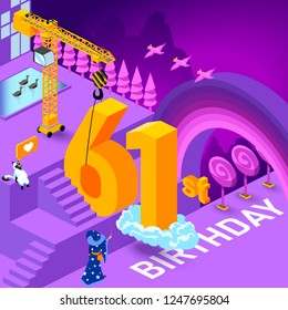 61st year Anniversary Celebration concept with characters. Flat isometric vector illustration