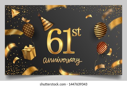 61st years anniversary design for greeting cards and invitation, with balloon, confetti and gift box, elegant design with gold and dark color, design template for birthday celebration.