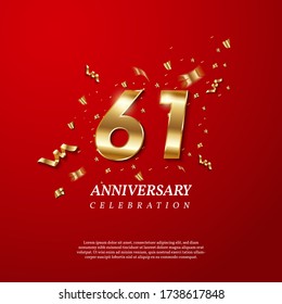 61th Anniversary celebration. Golden number 61 with sparkling confetti, stars, glitters and streamer ribbons on red background. Vector festive illustration. Birthday or wedding party event decoration