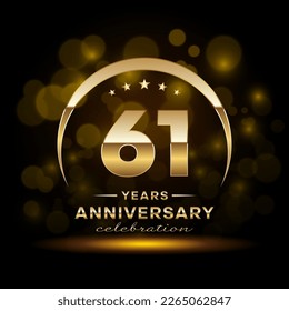 61th Anniversary Celebration. Logo design with golden ring and text for anniversary celebration event, invitation, wedding, greeting card, banner, poster, flyer, brochure. Logo Vector Template