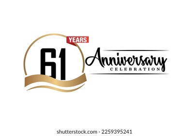 61th anniversary celebration logo vector design with gold black and red color on white background cute black color font   