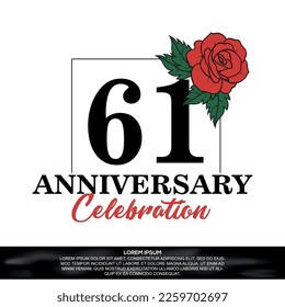 61° aniversario celebración logo diseño vectorial con flor rosa roja con fuente de color negro sobre fondo blanco abstracto  