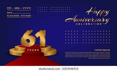 Plantilla vectorial de celebración de 61 años con estilo de números 3D y etapa dorada, plantilla vectorial