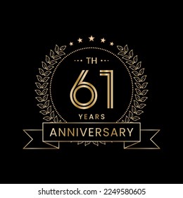 61th Anniversary logo design with laurel wreath for celebration event, invitation, banner, poster, flyer, greeting card. Line Art Design, Logo Vector Illustration