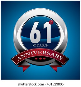 61Th anniversary logo with red ribbon. Anniversary signs illustration. Silver anniversary logo with red ribbon and circle ring