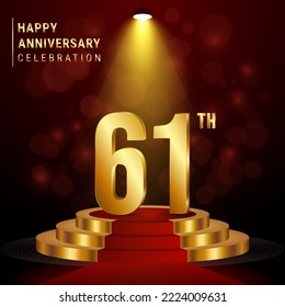 61th Anniversary. Perfect template design with golden podium for celebration events, weddings, greeting cards and invitation cards. Vector illustration