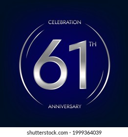 61th anniversary. Sixty-one years birthday celebration banner in silver color. Circular logo with elegant number design.