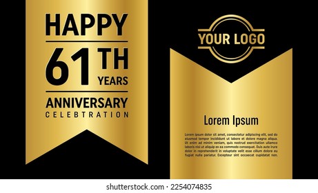 61th anniversary template design concept with golden ribbon. Vector Template illustration