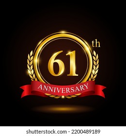 61th golden anniversary template design, with shiny ring and red ribbon, laurel wreath isolated on black background, logo vector