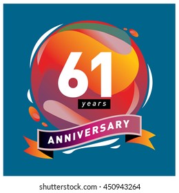 61th years greeting card anniversary with colorful number and frame. logo and icon with circle badge and background