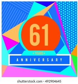 61th years greeting card anniversary with colorful number and frame. logo and icon with Memphis style cover and design template. Pop art style design poster and publication.