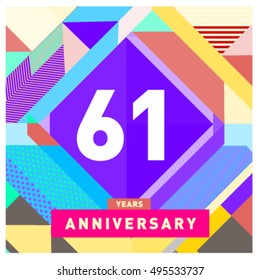 61th years greeting card anniversary with colorful number and frame. logo and icon with Memphis style cover and design template