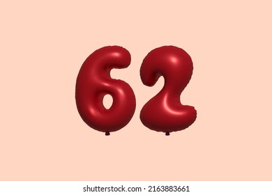 62 3d number balloon made of realistic metallic air balloon 3d rendering. 3D Red helium balloons for sale decoration Party Birthday, Celebrate anniversary, Wedding Holiday. Vector illustration