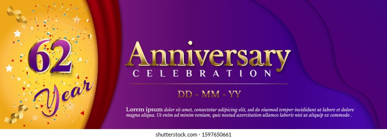 62 Anniversary celebration banner template with ribbon and red curtain on luxury purple paper cut background