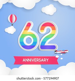 62 Anniversary Celebration Logo with Rainbow Colored and using Paper Art Design Style