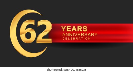 62 anniversary design logotype golden color with ring and red ribbon for anniversary celebration