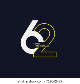 62 anniversary elegance gold logo. linked number with swoosh on black background